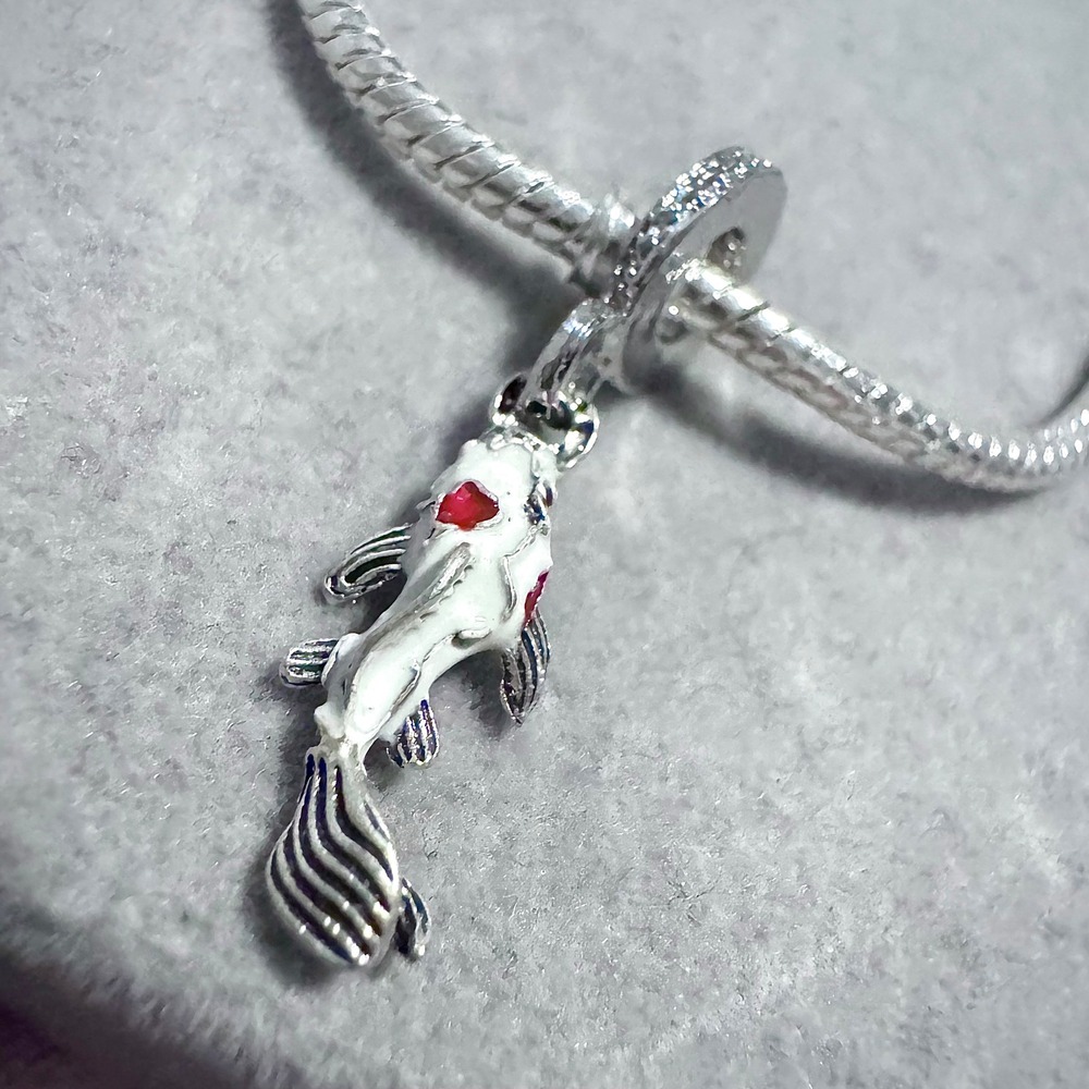 Silver Tone White Koi Fish Charm Bead Red Accents Compatible Pandora Bracelet - Picture 7 of 9
